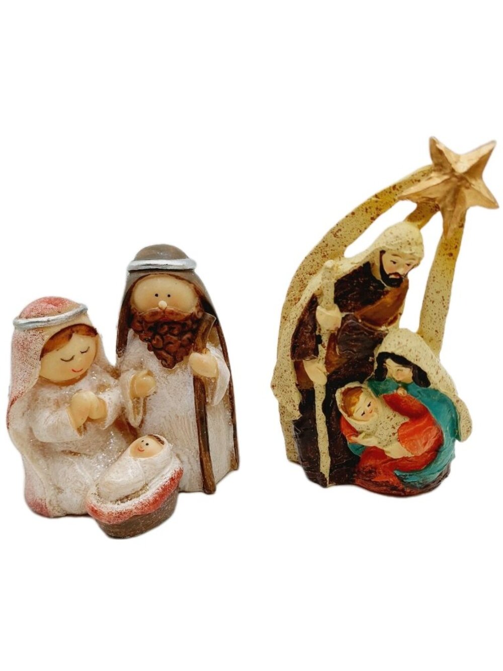 Vintage Porcelain and Bisque Holy Family & 1 Nativity Scene Tea Light Set Of 2